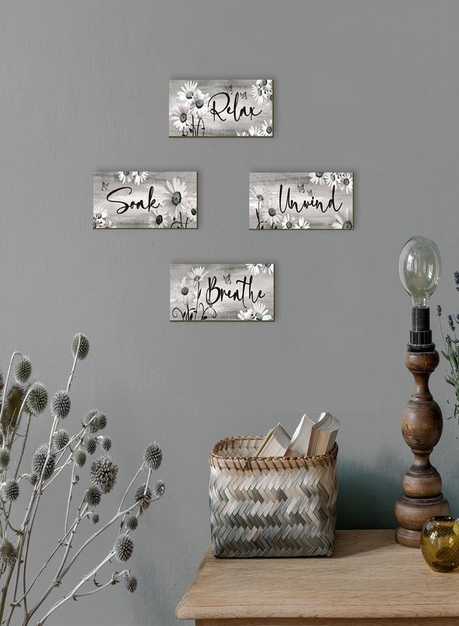 ZINYAZHE 4 Pieces Black Bathroom Decor Set Farmhouse Daisy Floral Abstract Black White Bathroom Accessories Flowers Art Rustic Wood Sign for Home Bedroom Living Room Kitchen Decoration, 10 x 4 Inch - Image 2